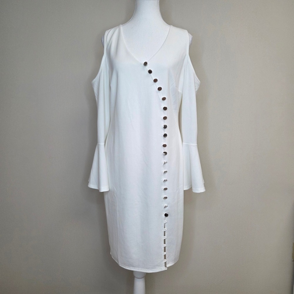 Venus White Cold Shoulder Bell Sleeve Button Detail Sheath Dress Large - Picture 2 of 8